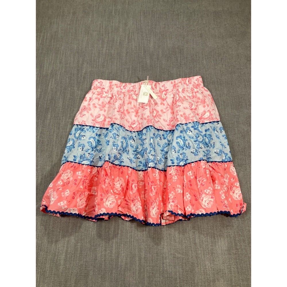 Simply Southern Floral Tiered Mini Skirt Pink Blue Ric Rac Trim Womens Size XL